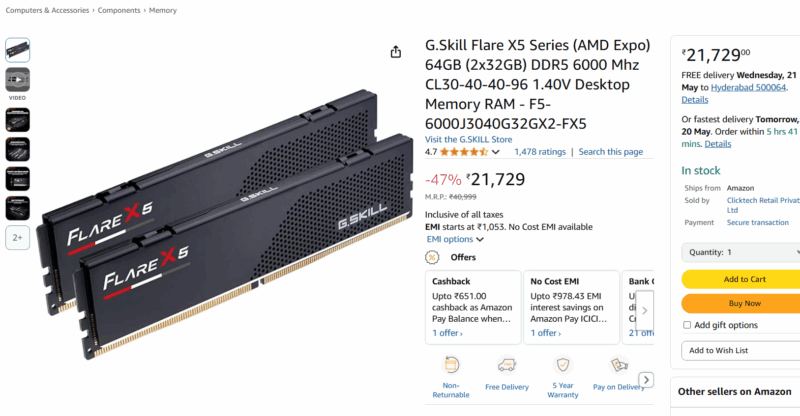 G-Skill 64GB (2* 32) DDR5 CL30 6000MHz RAM - Image 2